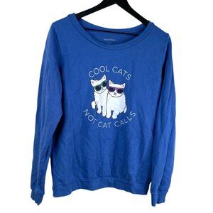 Modcloth Top Sweatshirt Women's Blue Sz L Long Sleeves Cat Graphic